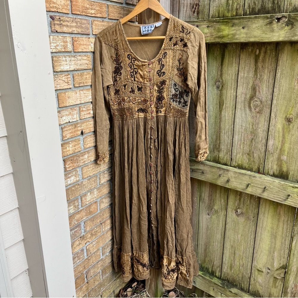 Vintage 90s Maxi Dress Embroidered Rayon Long Sleeve Tie Back Boho Prairie